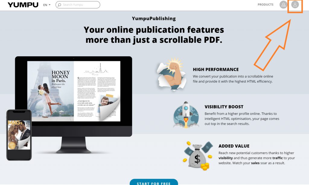 Page turning effect PDF login on YumpuPublishing